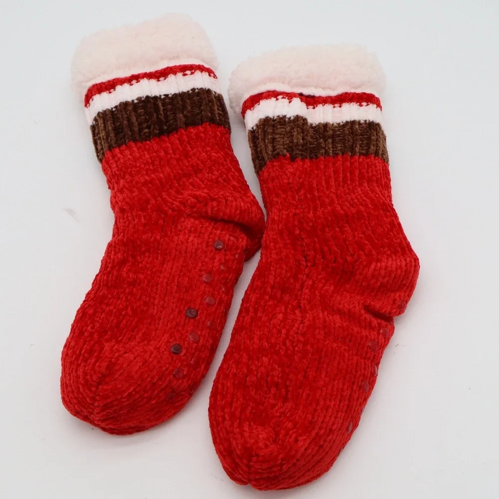 Red Chenille Slipper Socks Faux Fur Lined Non-Slip Gripper One Size Cozy Winter